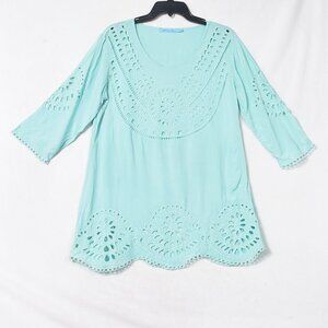 Solitaire Swim Women's Eyelet Swimming Cover Up Top Shirt Teal Green Size Medium